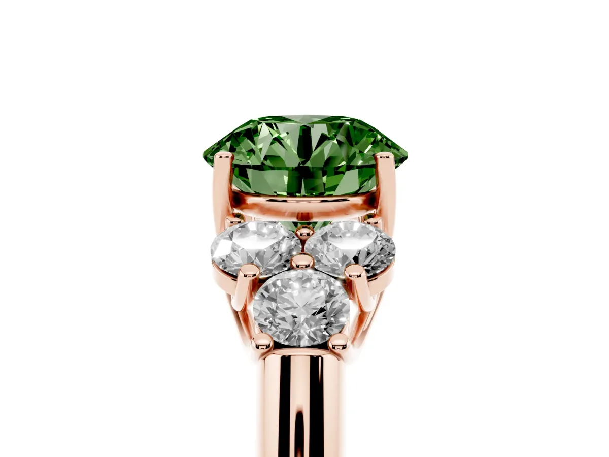 Fancy Green Round Cut Cut Diamond Cluster Ring with Round Accent Stones and Prong Setting on a Classic Band Rose gold