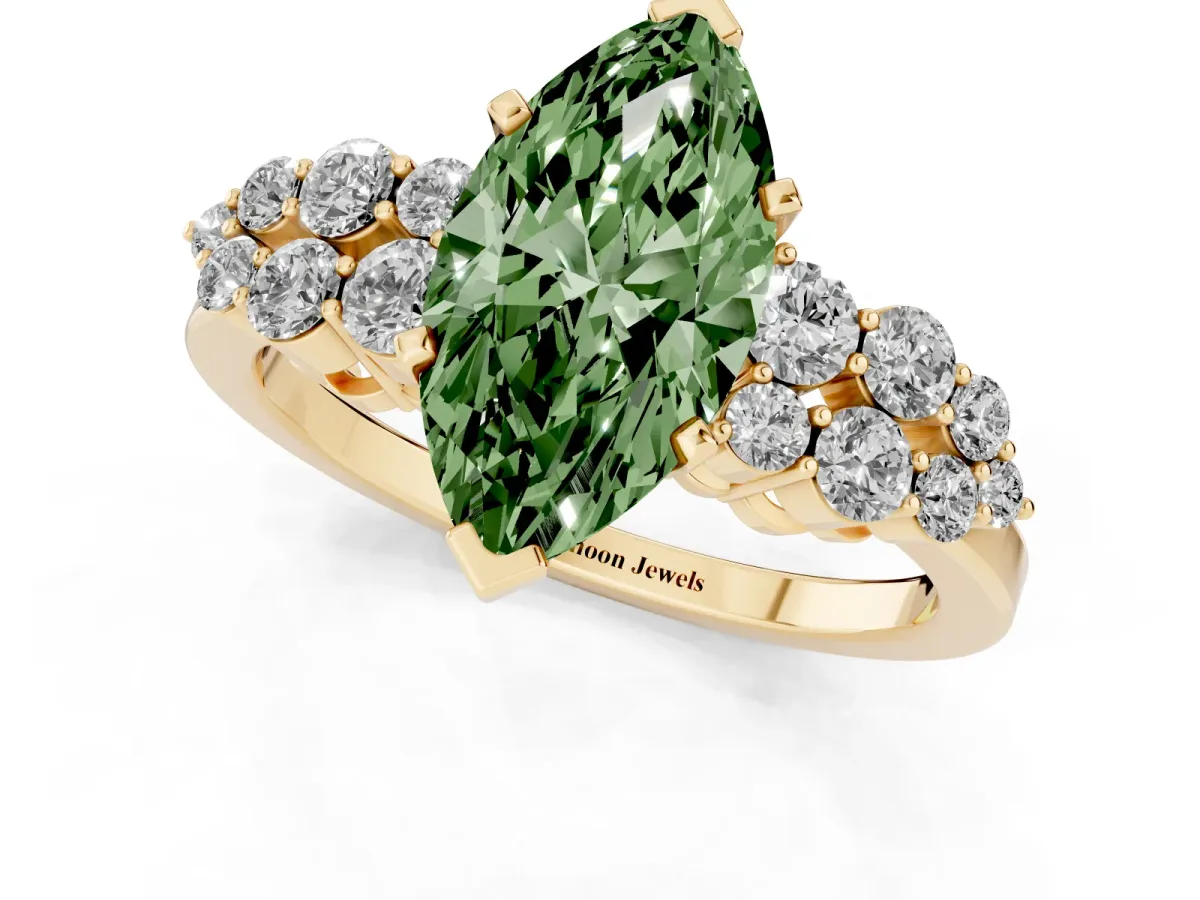 Fancy Green Marquise Cut Cluster Diamond Engagement Ring with Pavé Band and Four-Prong Setting Yellow gold
