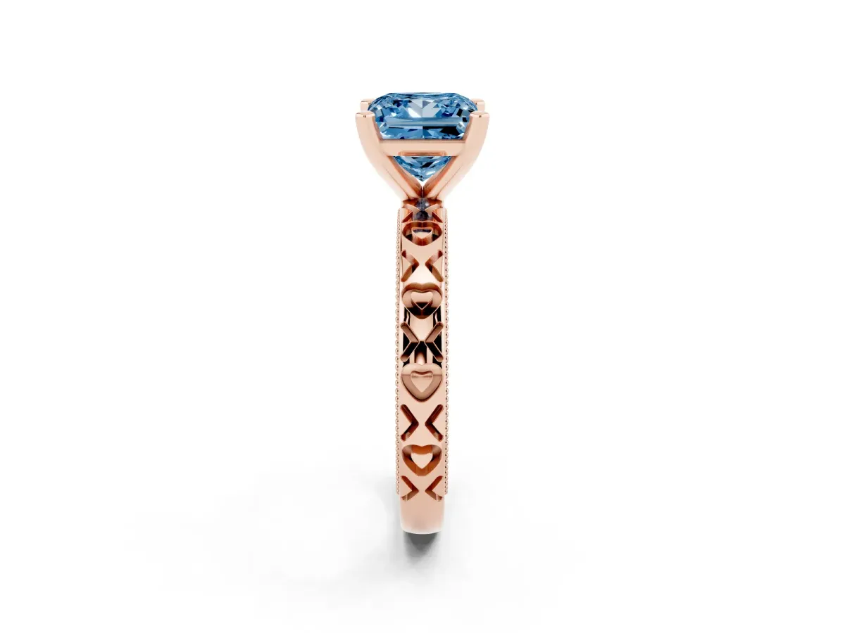 Fancy Blue Princess Cut Solitaire Diamond Engagement Ring with XO Engraved Band and Four-Prong Setting Rose gold