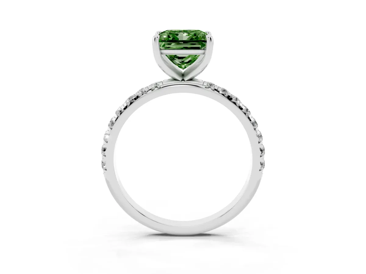 Fancy Green Princess Cut Cut Diamond Solitaire Ring with Micro Pave Band and Four Prong Setting Silver