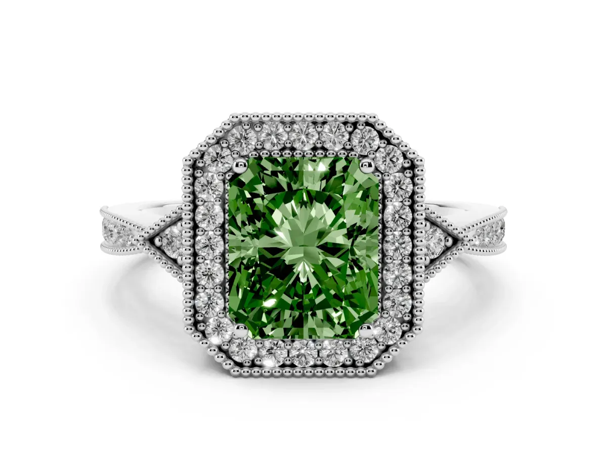 Fancy Green Radiant Cut Halo Round Diamond Milgrain Pave Engagement Ring Platinum