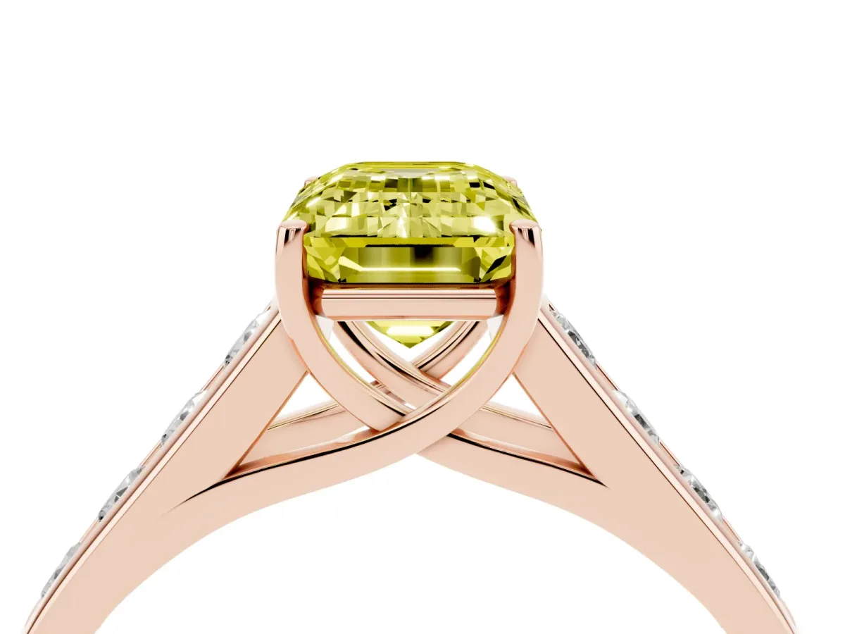 Fancy Yellow Emerald Cut Brilliant Channel-Set Solitaire Ring with Four-Prong Setting Rose gold