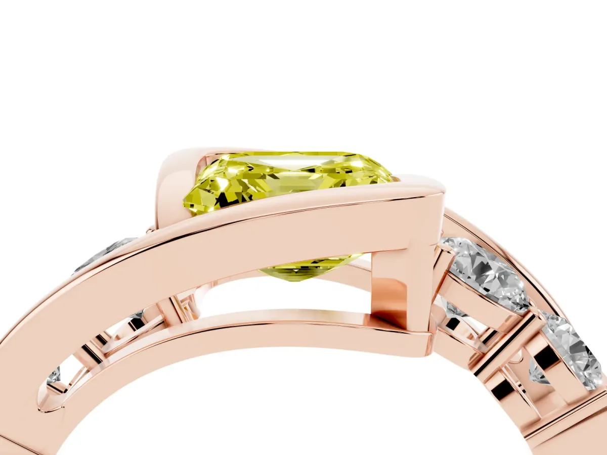 Fancy Yellow Bezel Set Asscher Cut Diamond Bypass Ring with Round Accents Rose gold
