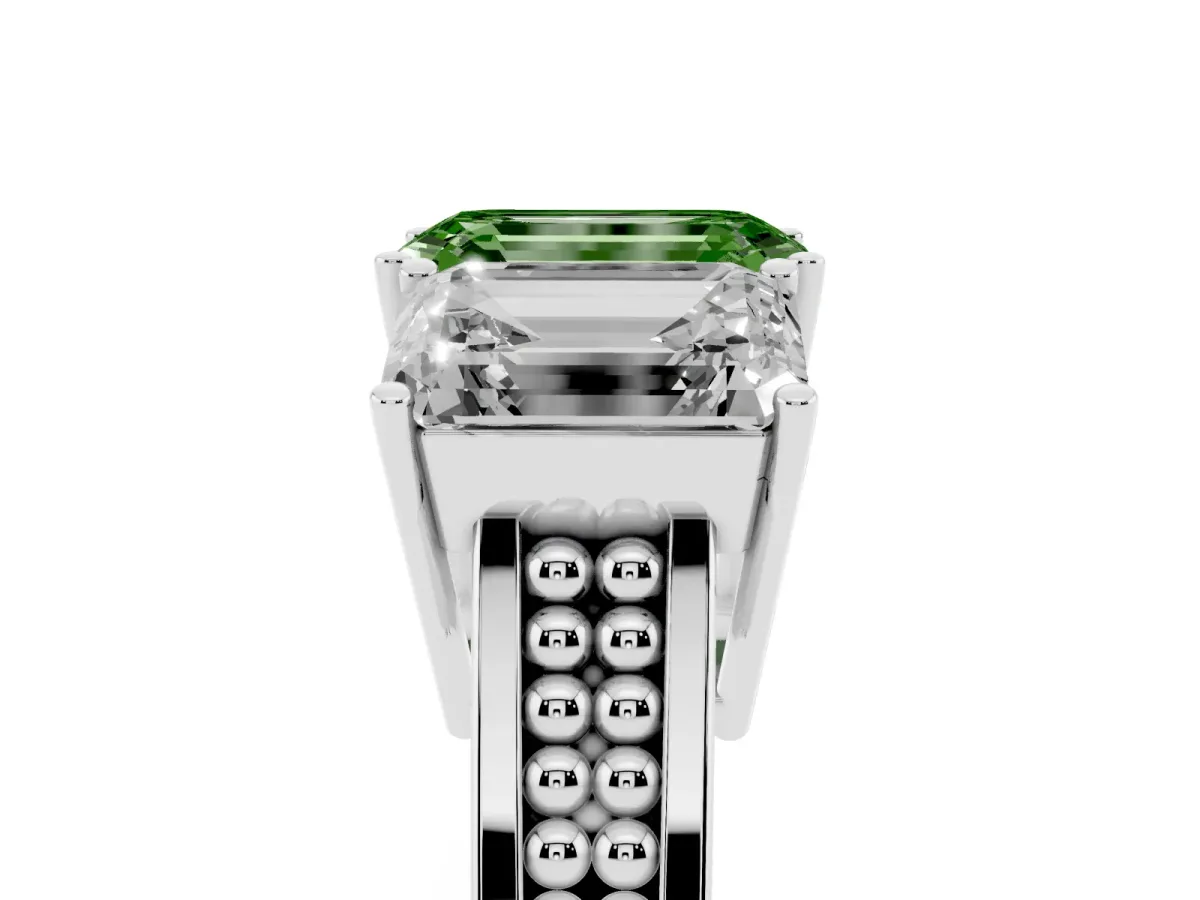 Fancy Green Emerald Cut Diamond Three-Stone Ring with Prong Setting and Textured Band Silver