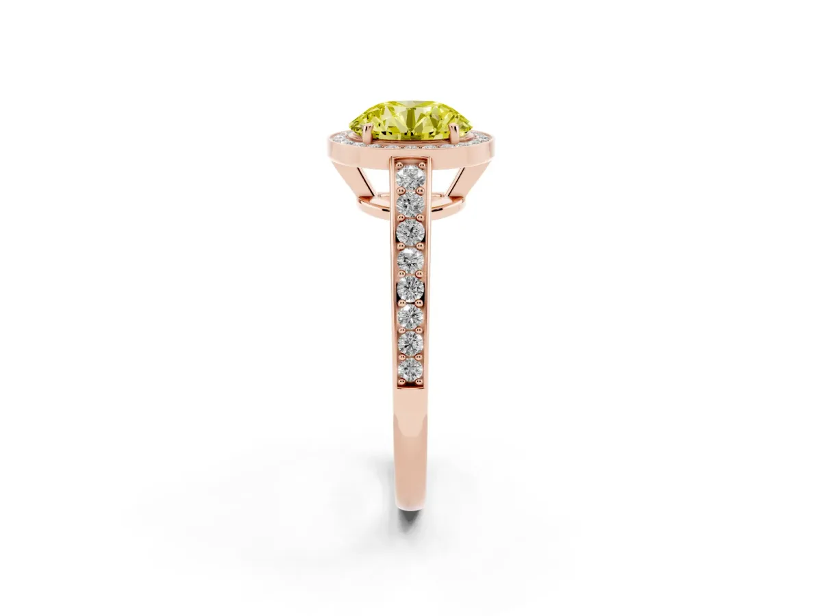 Fancy Yellow Round Cut Halo Pavé Diamond Engagement Ring with Bezel Setting Rose gold