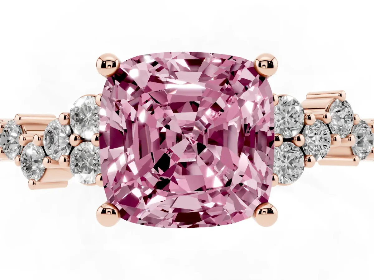 Fancy Pink Cushion Cut Diamond Scattered Round Accent Ring with Prong Setting Rose gold