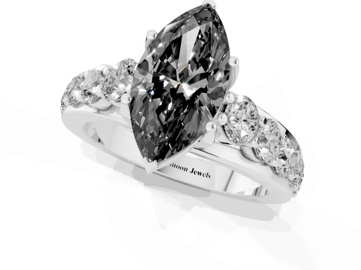 Fancy Black Marquise Cut Diamond Engagement Ring with Pavé Band and Four-Prong Setting Platinum
