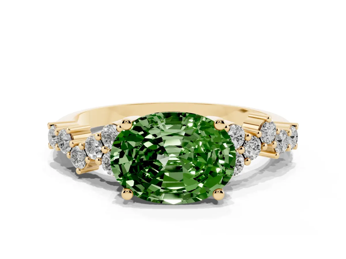 Fancy Green Oval Cut Diamond Scattered Round Accent Ring with Prong Setting Yellow gold