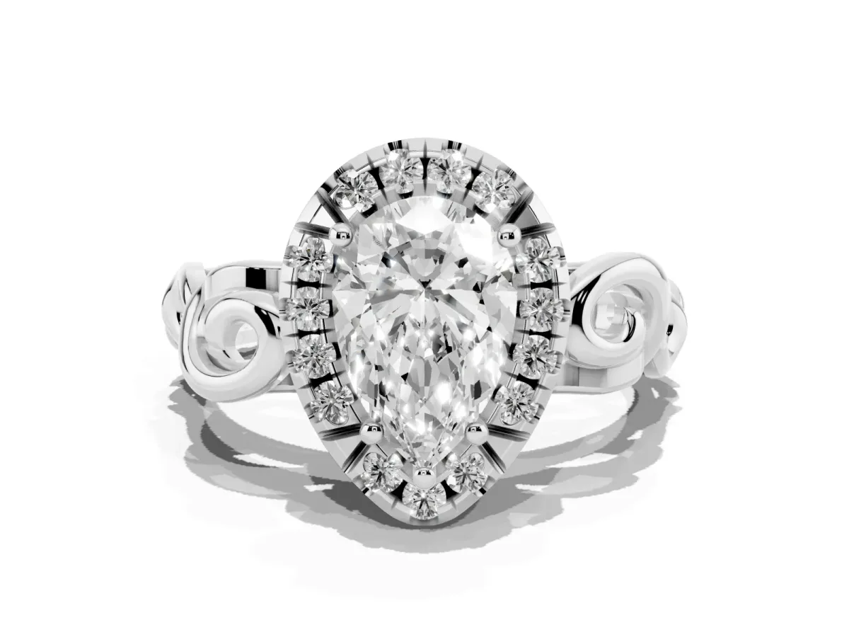 Pear Cut Cut Halo Diamond Ring with Scrollwork Band and Four-Prong Setting Silver