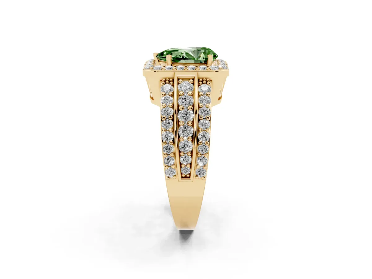 Fancy Green Pear Cut Halo Diamond Ring with Round Split Shank and Prong Setting Yellow gold