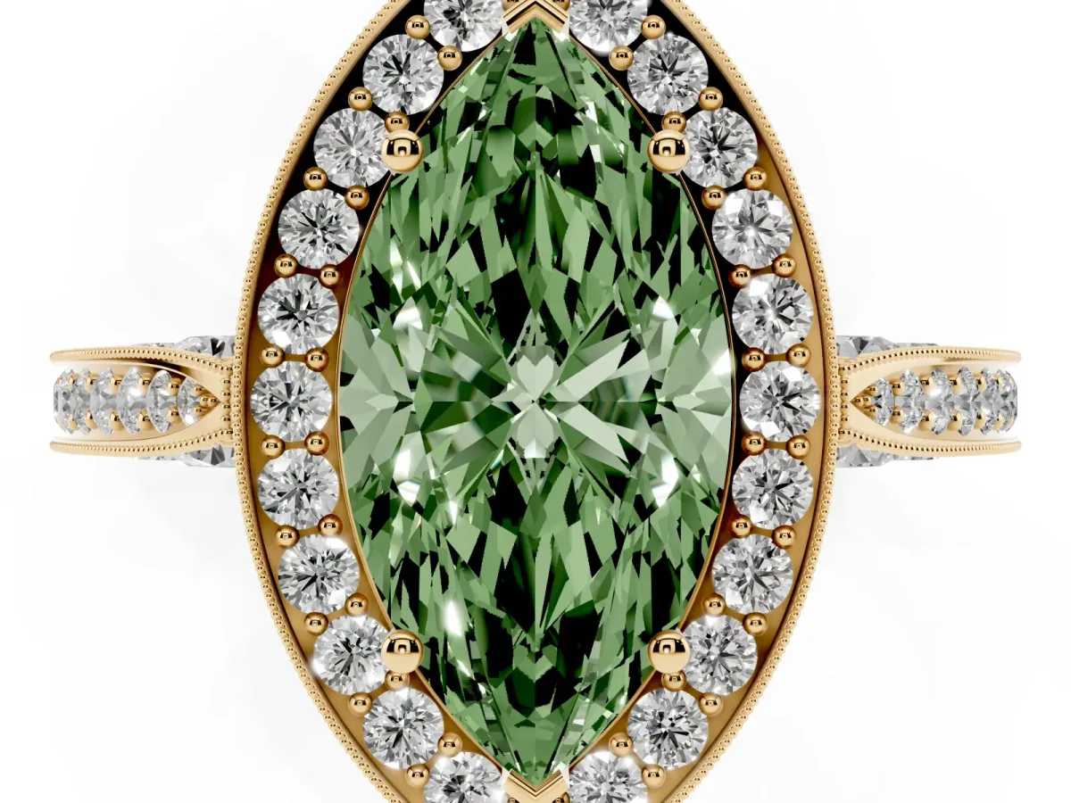 Fancy Green Marquise Cut Halo Diamond Engagement Ring with Split Shank Band and Four-Prong Setting Yellow gold
