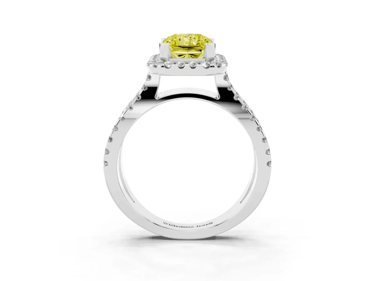 Fancy Yellow Radiant Cut Diamond Halo Ring with Split Shank Pavé Band and Prong Setting Silver