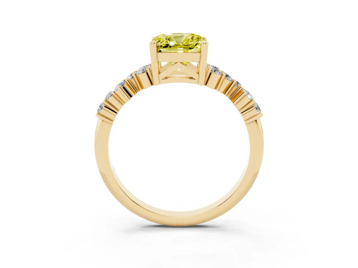 Fancy Yellow Cushion Cut Diamond Scattered Round Accent Ring with Prong Setting Yellow gold