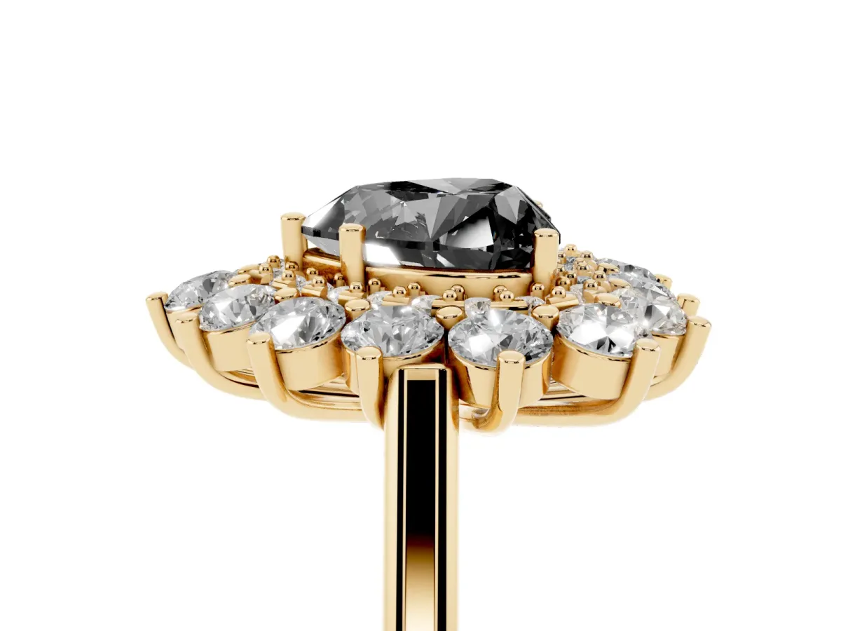 Fancy Black Heart Cut Diamond Floral Double Halo Engagement Ring with Prong Setting Yellow gold