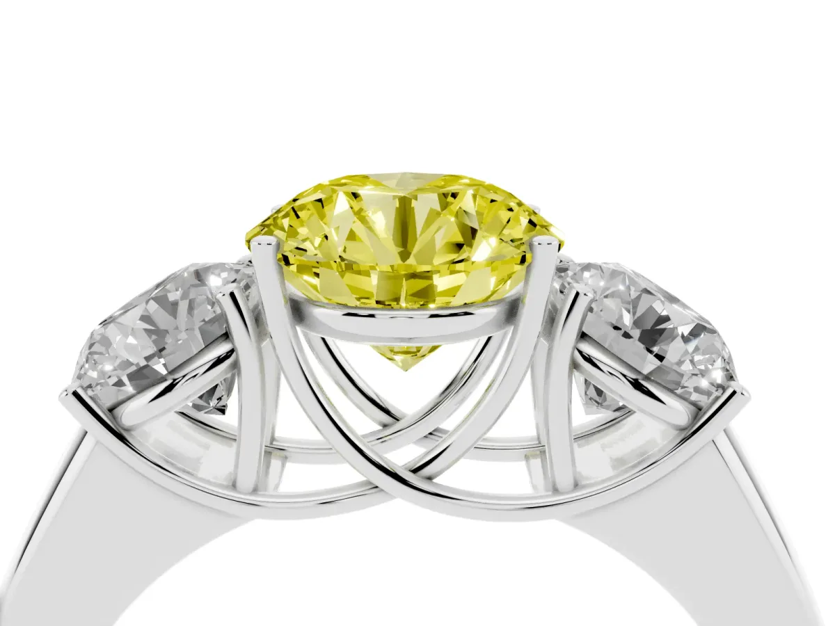 Fancy Yellow Three-Stone Round Cut Cut Diamond Ring with Prong Setting and Classic Band Silver