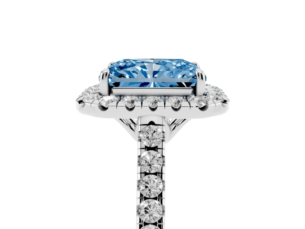Fancy Blue Radiant Cut Halo Pavé Diamond Engagement Ring with Four-Prong Setting Silver