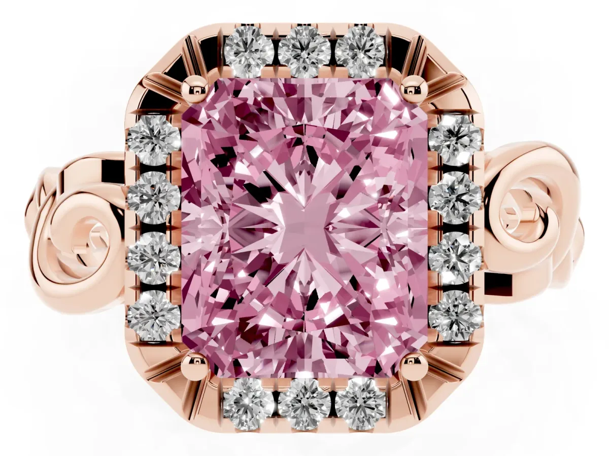 Fancy Pink Radiant Cut Cut Halo Diamond Ring with Scrollwork Band and Four-Prong Setting Rose gold