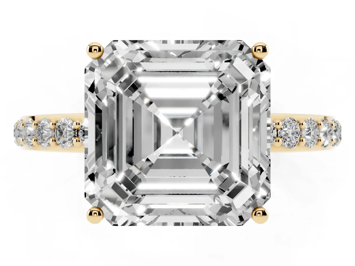 Asscher Cut Diamond Solitaire Ring with Pavé Band and Hidden Halo Yellow gold