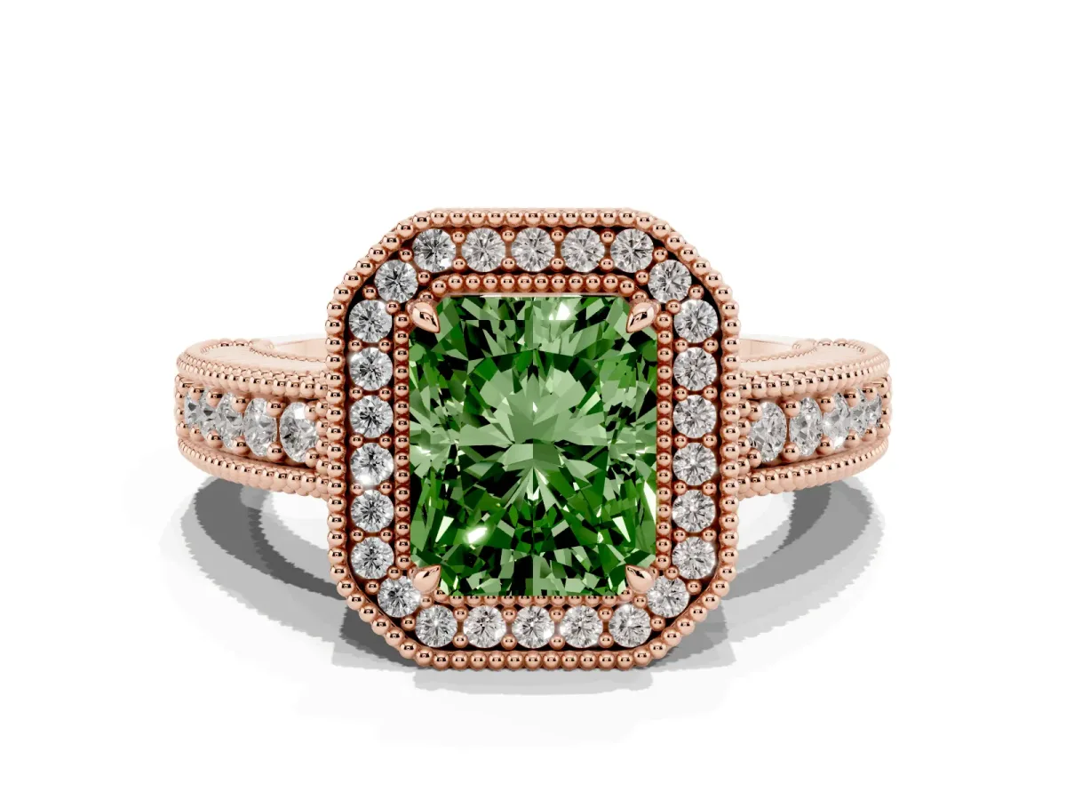 Fancy Green Radiant Cut Cut Halo Diamond Ring with Pavé Band and Four-Prong Setting Rose gold