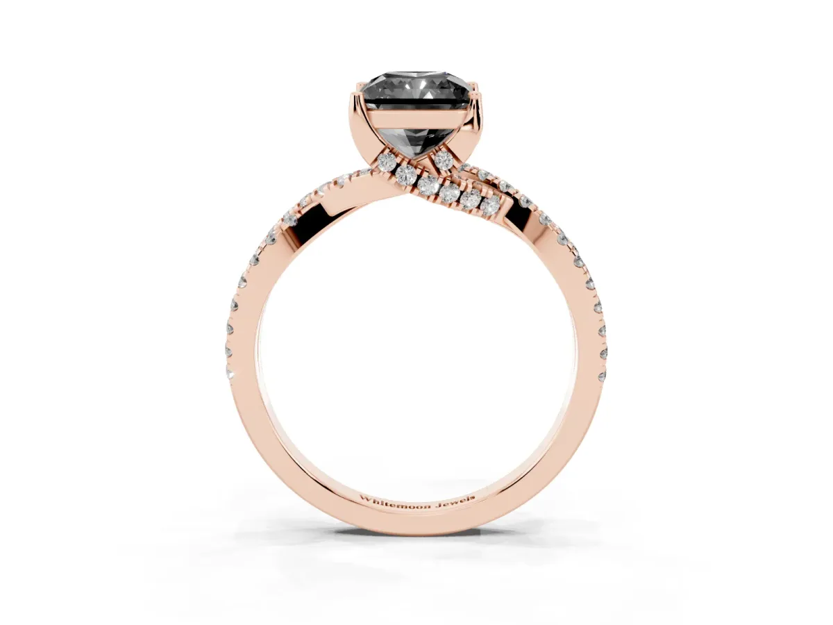 Fancy Black Radiant Cut Solitaire Twist Pave Diamond Engagement Ring with Prong Setting Rose gold
