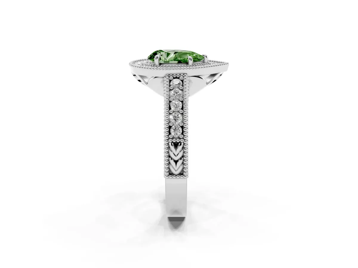 Fancy Green Pear Cut Cut Halo Diamond Ring with Pavé Band and Four-Prong Setting Platinum
