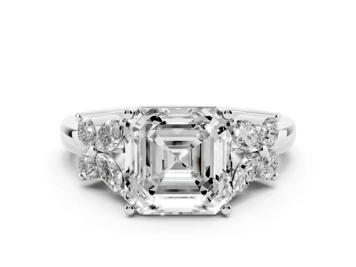 Asscher Cut Diamond Floral Cluster Ring with Solitaire Band and Prong Setting Silver