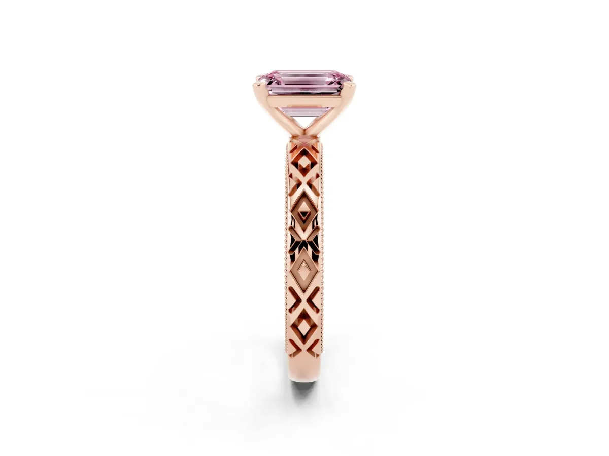 Fancy Pink Emerald Cut Solitaire Diamond Ring with Milgrain and Black Enamel X Pattern Band Rose gold