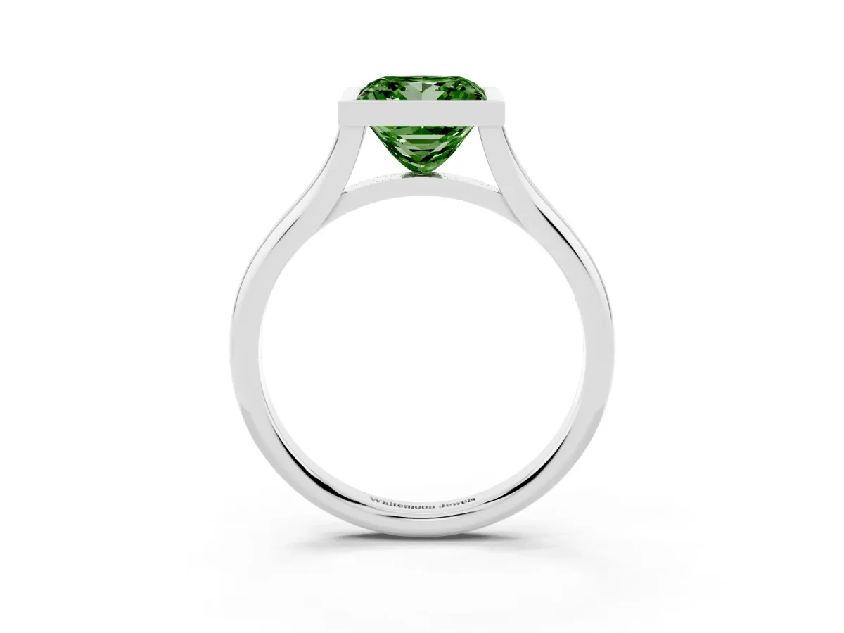 Fancy Green Bezel Set Princess Cut Cut Solitaire Ring with Tapered Band Platinum