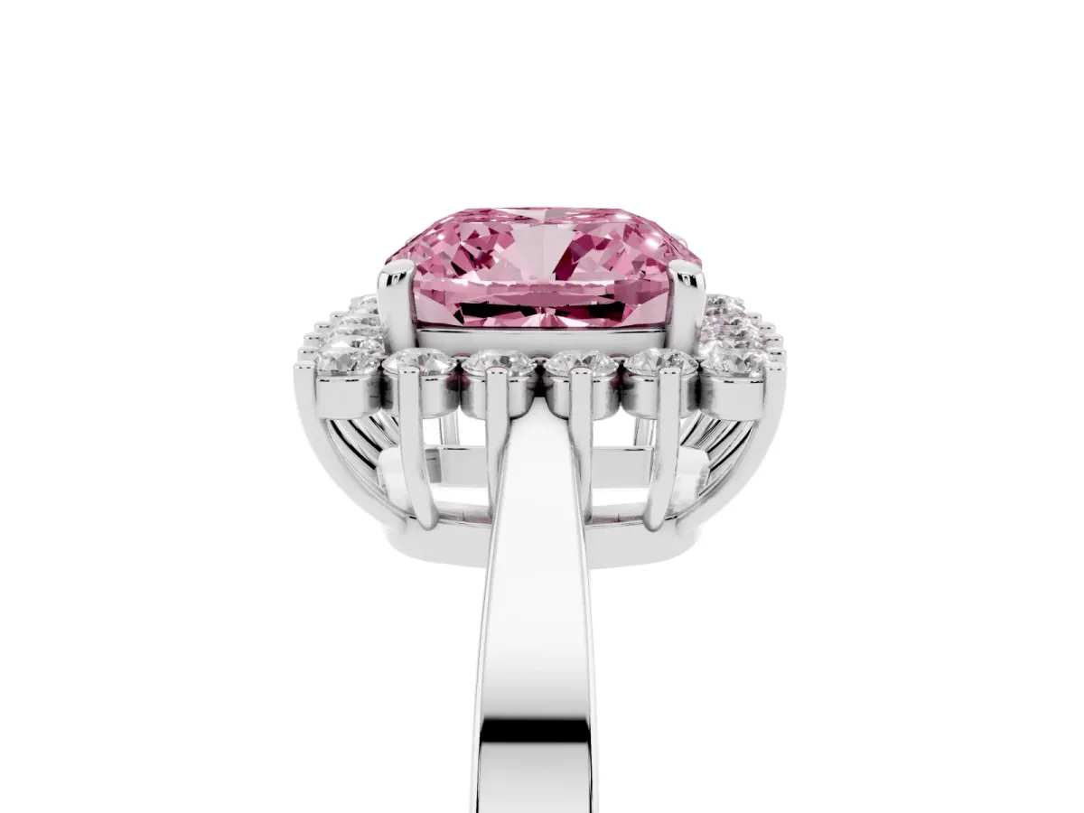 Fancy Pink Cushion Cut Cut Diamond Halo Ring with Round Brilliant Halo and Solitaire Band Platinum