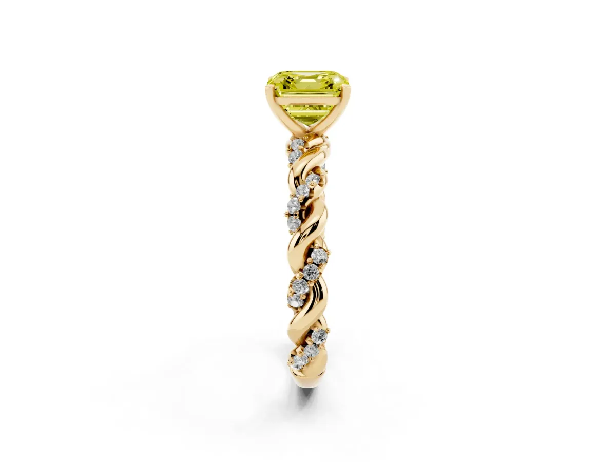 Fancy Yellow Asscher Cut Diamond Solitaire Ring with Twisted Band and Pavé Accents Yellow gold