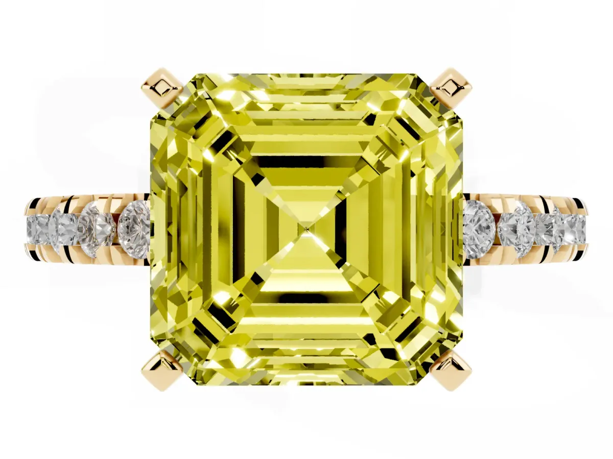 Fancy Yellow Asscher Cut Diamond Pavé Band Solitaire with Four-Prong Setting Yellow gold