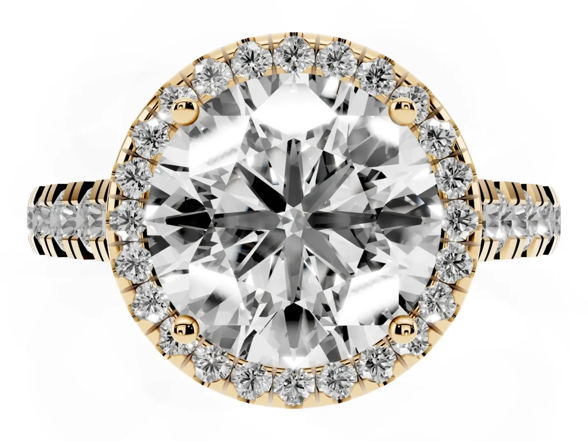 Round Cut Halo Pavé Diamond Engagement Ring with Four-Prong Setting Yellow gold