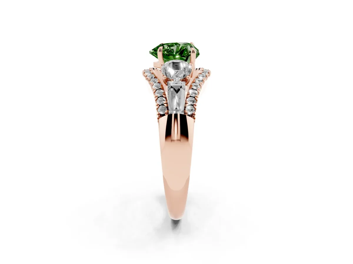 Fancy Green Three-Stone Heart Cut Diamond Engagement Ring with Pave Band and Prong Setting Rose gold