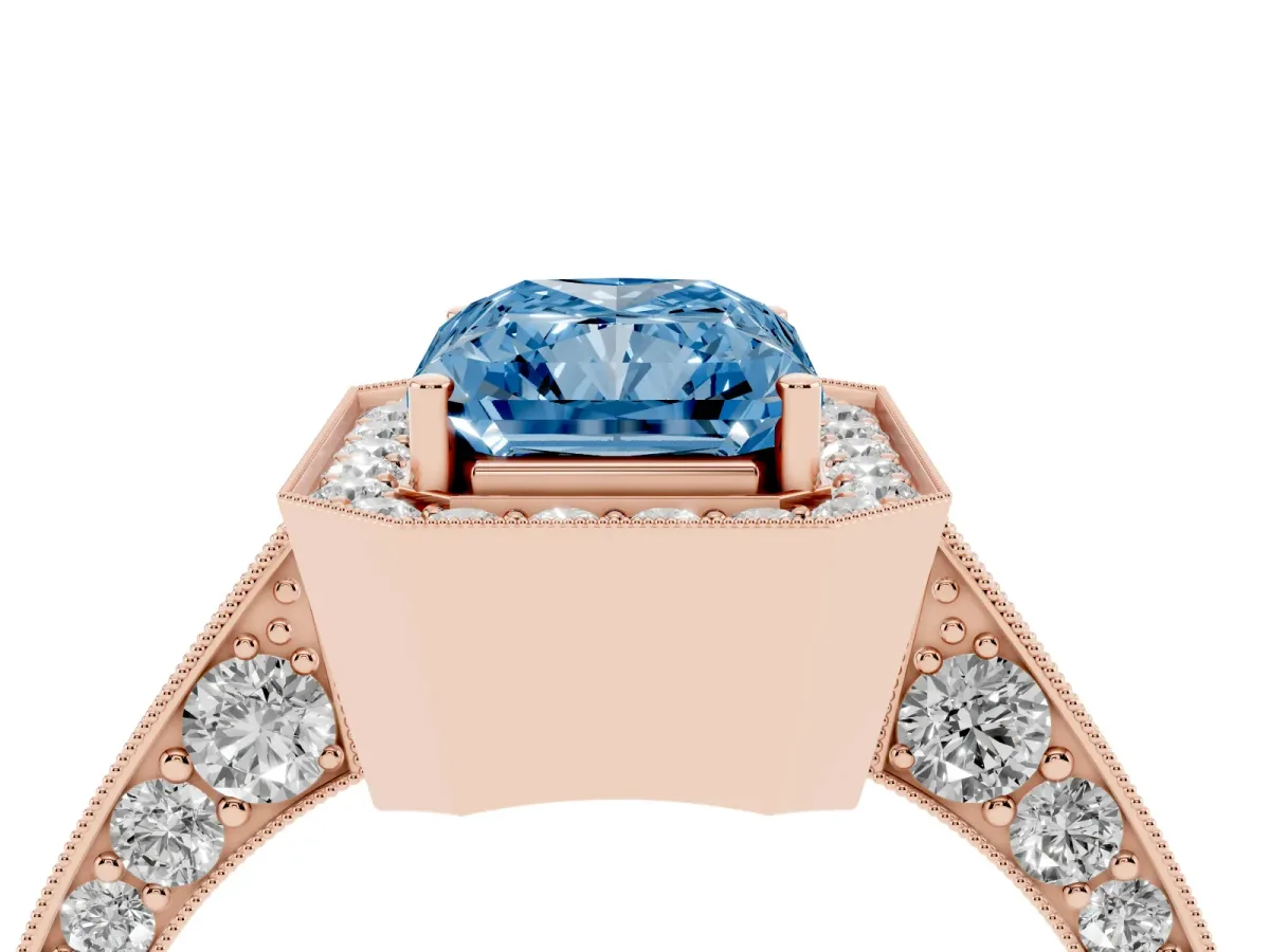 Fancy Blue Radiant Cut Halo Diamond Engagement Ring with Split Shank Band and Four-Prong Setting Rose gold