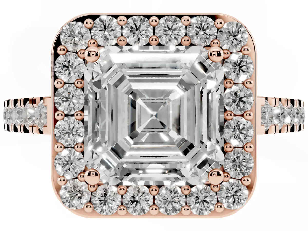 Asscher Cut Diamond Halo Ring with Round Pavé Split Shank and Prong Setting Rose gold