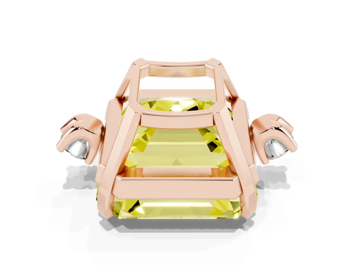 Fancy Yellow Asscher Cut Cut Three-Stone Solitaire Ring with Round Accent Diamonds and Four-Prong Setting Rose gold