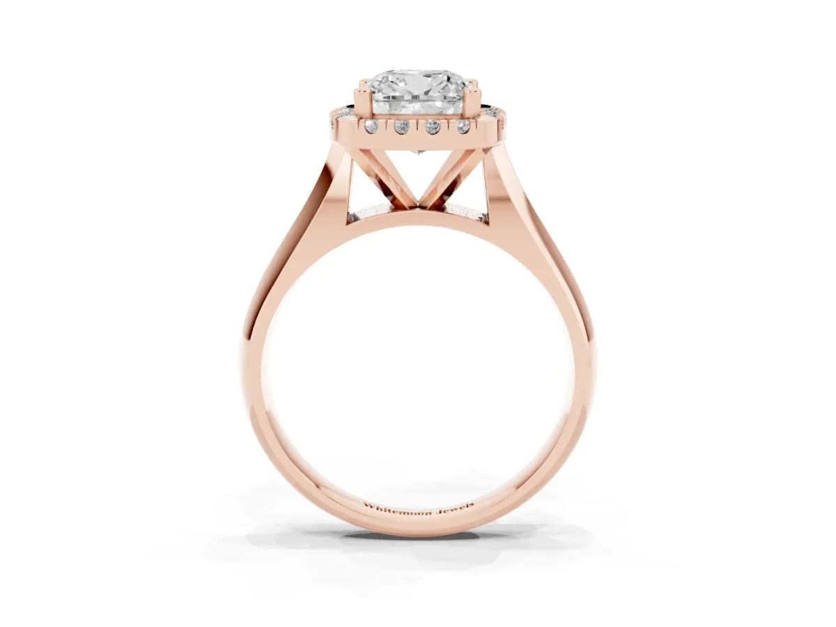Cushion Cut Cut Halo Solitaire Engagement Ring with Square Band and Four-Prong Setting Rose gold