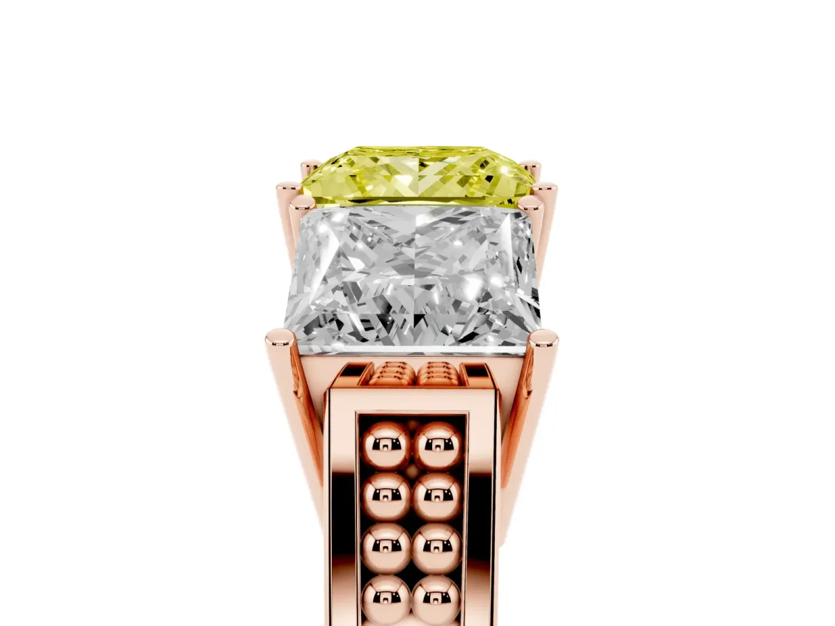 Fancy Yellow Princess Cut Diamond Three-Stone Ring with Prong Setting and Textured Band Rose gold