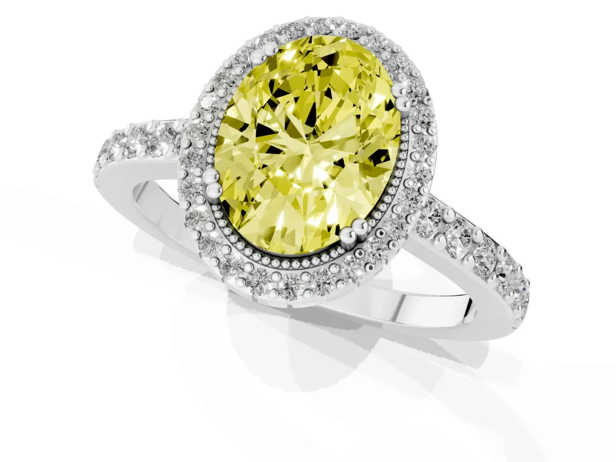 Fancy Yellow Oval Cut Cut Diamond Halo Engagement Ring with Milgrain Detail and Pavé Band Silver