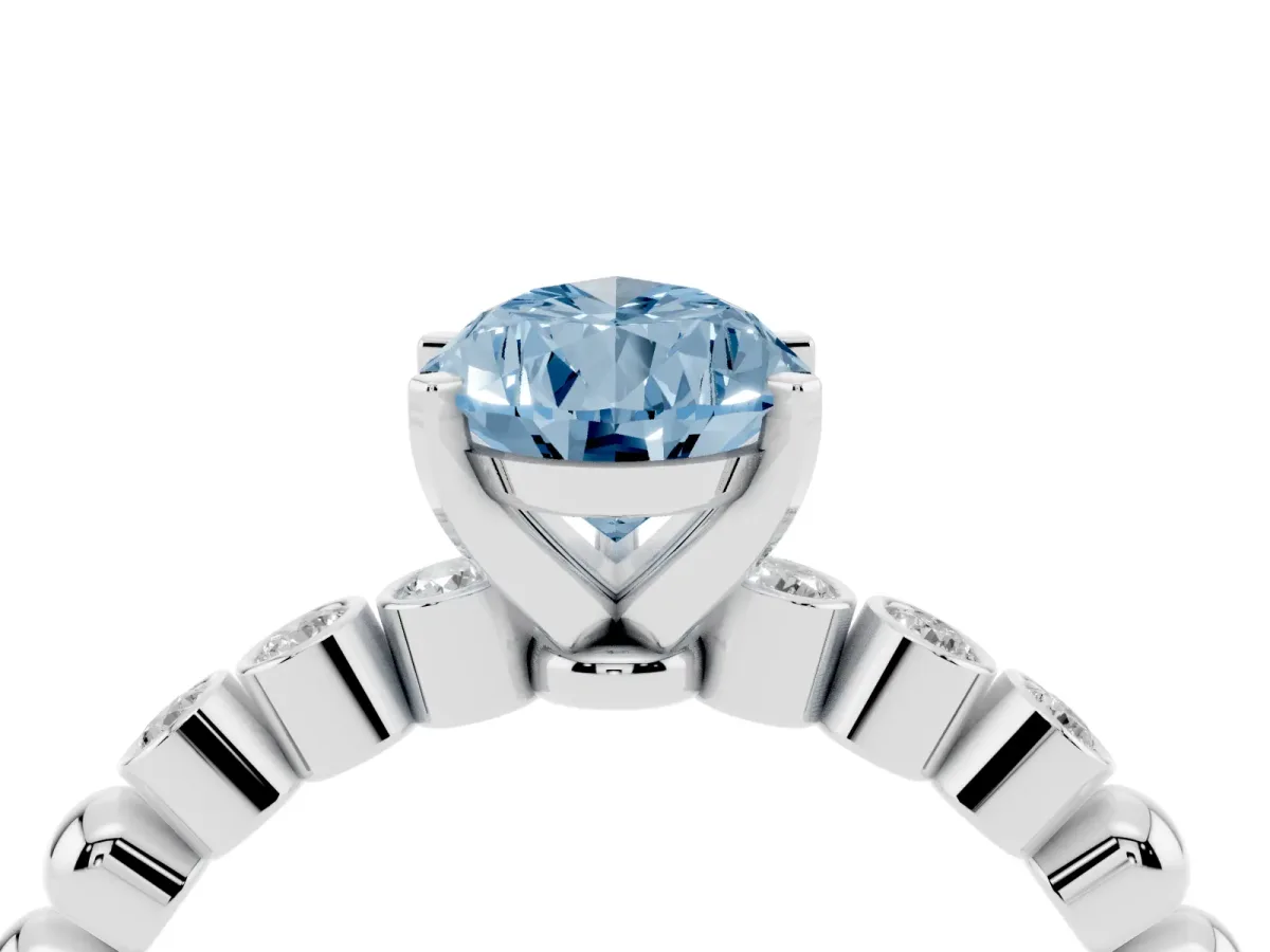 Fancy Blue Pear Cut Solitaire Bezel Accent Diamond Engagement Ring with Beaded Band and Four-Prong Setting White gold