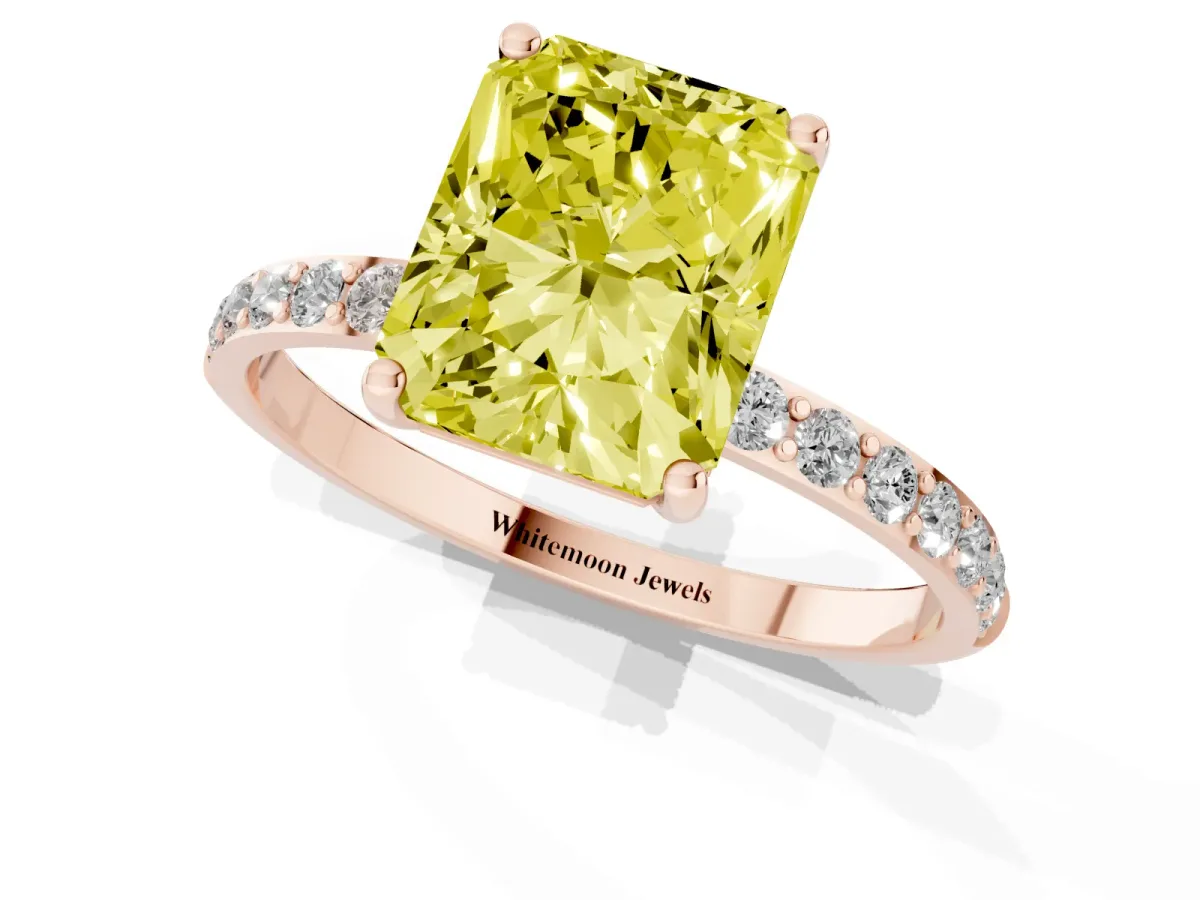 Fancy Yellow Radiant Cut Diamond Solitaire Ring with Round Pavé Shoulders and Prong Setting Rose gold