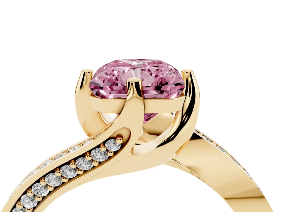 Fancy Pink Radiant Cut Solitaire Diamond Twist Band with Pavé Setting and Four-Prong Setting Yellow gold