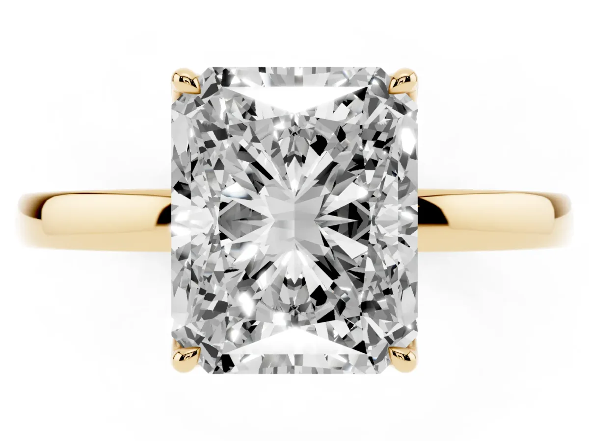 Radiant Cut Diamond Solitaire Ring with Thin Band and Prong Setting Yellow gold