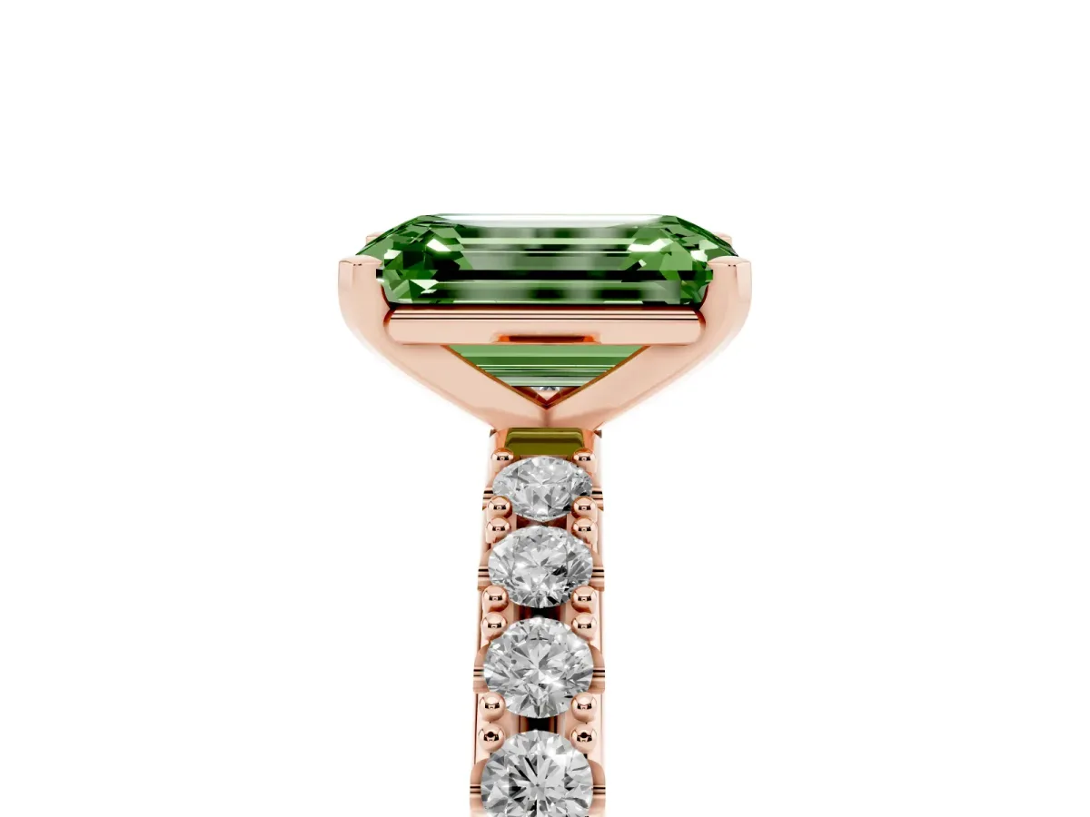 Fancy Green Emerald Cut Diamond Solitaire Pavé Band with Four-Prong Setting Rose gold