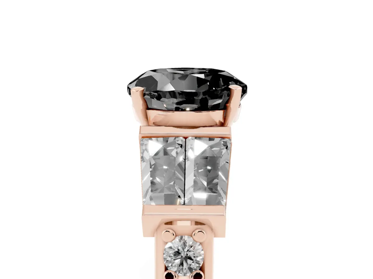 Fancy Black Round Cut Diamond Engagement Ring with Baguette Side Stones and Channel Set Band Rose gold