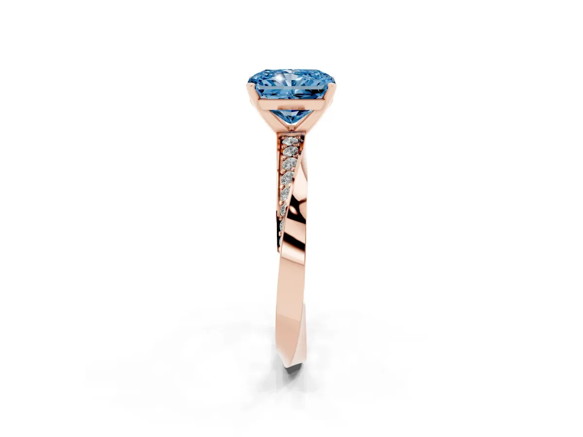 Fancy Blue Radiant Cut Diamond Engagement Ring with Side Stone Accents and Four-Prong Setting Rose gold