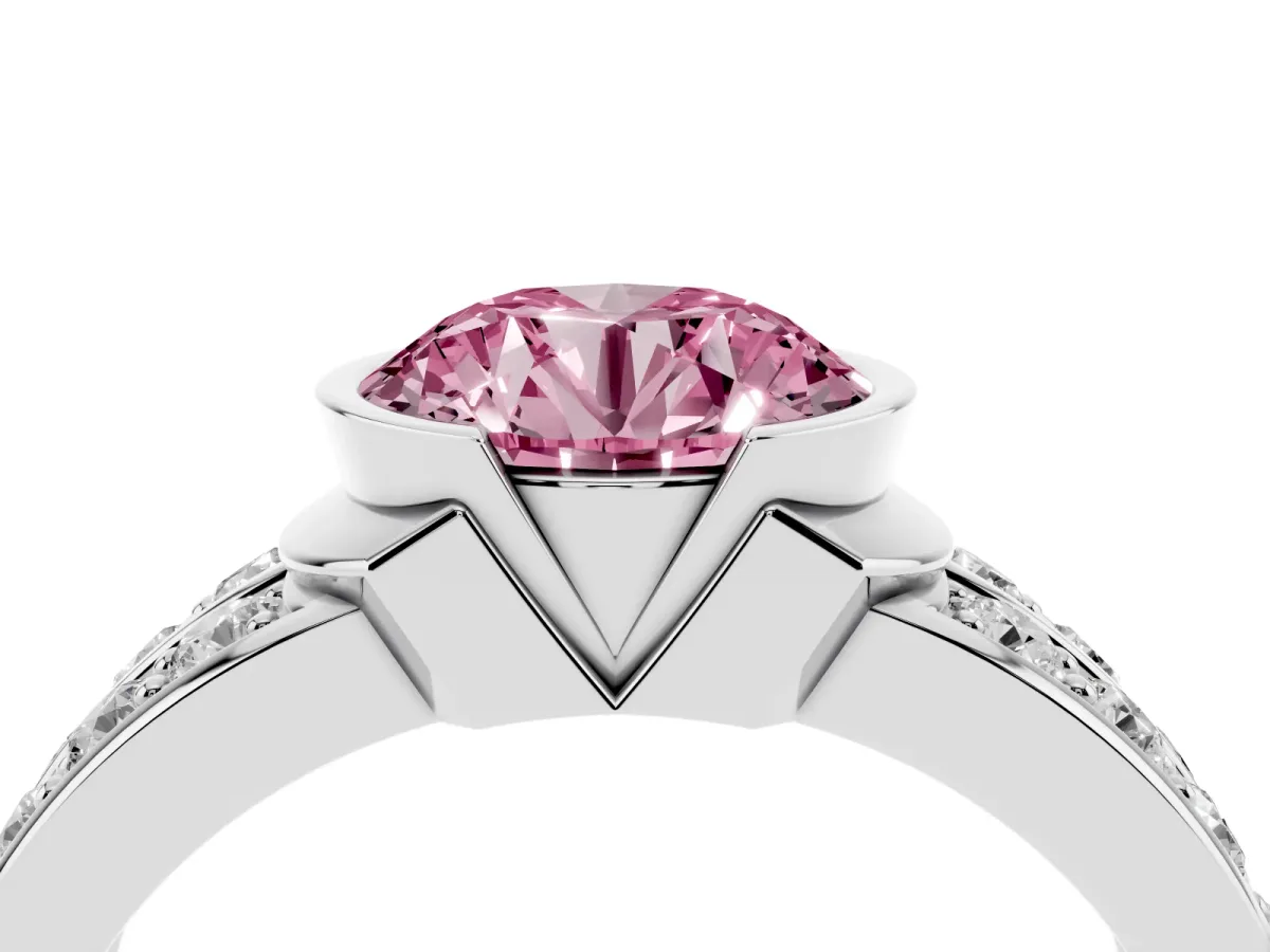 Fancy Pink Round Cut Brilliant Diamond Channel Set Wide Band Ring with Bezel Setting White gold