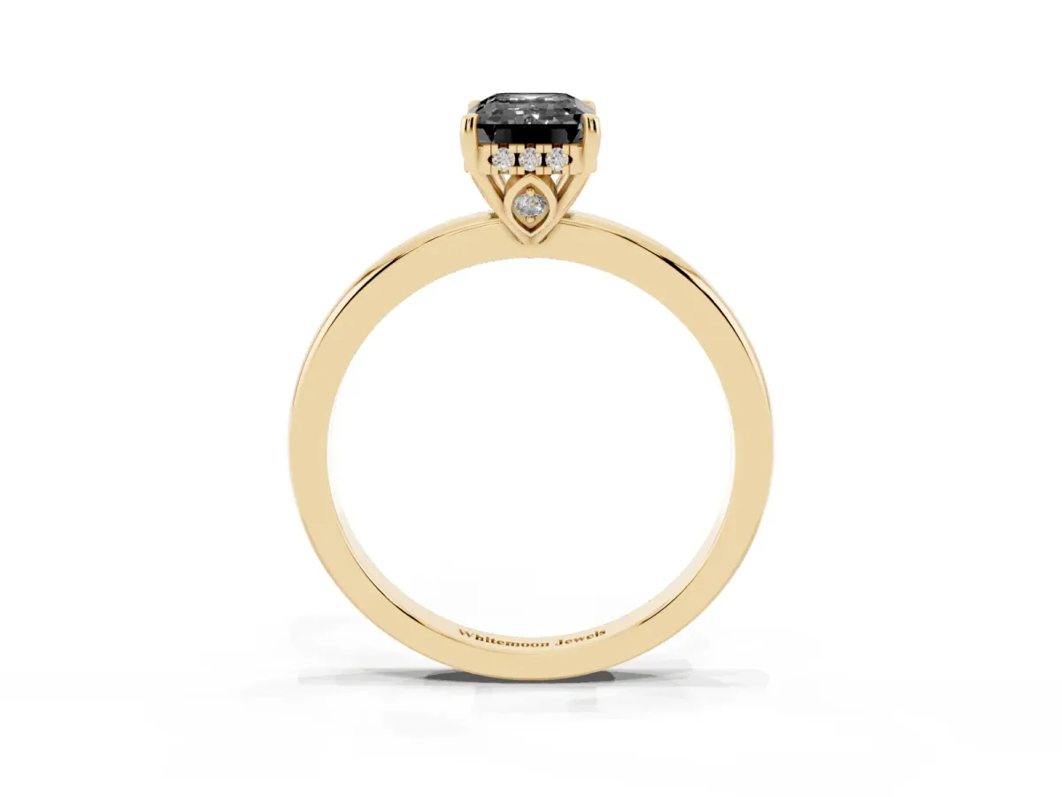Fancy Black Emerald Cut Solitaire Diamond Ring with Prong Setting and Plain Band Yellow gold