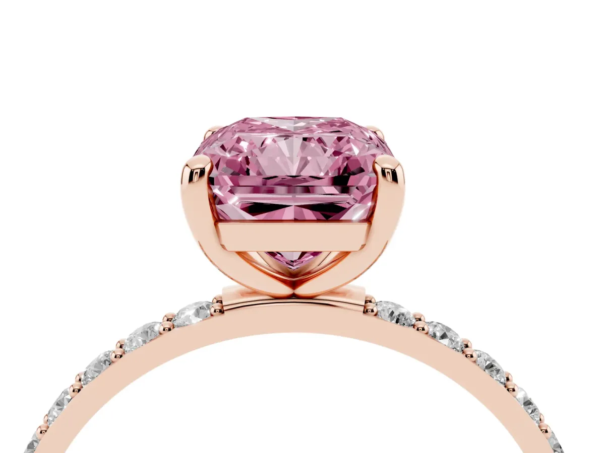 Fancy Pink Radiant Cut Diamond Solitaire Ring with Round Pavé Band and Prong Setting Rose gold