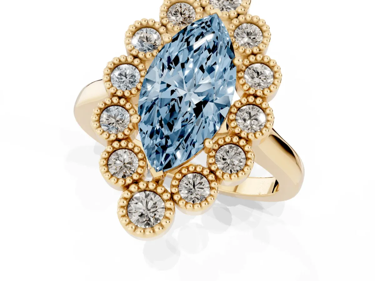 Fancy Blue Marquise Cut Halo Diamond Cluster Engagement Ring with Milgrain Bezel Setting and Solitaire Band Yellow gold